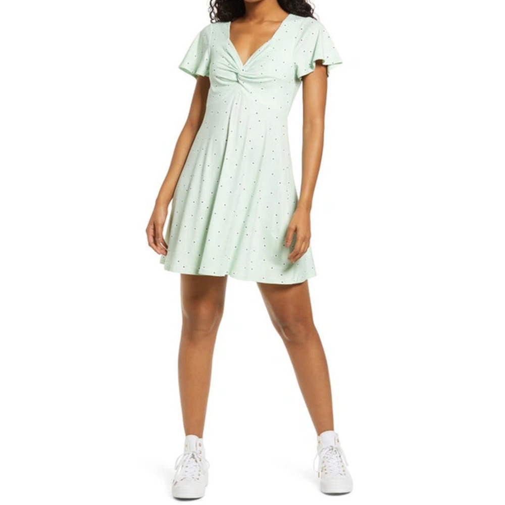 BP Nordstrom Mini Dress Small Green Polka Dot Daisy Flowers Twist Front NEW
